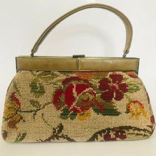 Vintage Jr Florida Carpet Bag Framed Purse Chenille Tapestry 50s Floral Usa