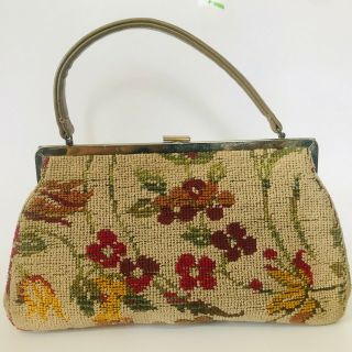 Vintage JR Florida Carpet Bag Framed Purse Chenille Tapestry 50s Floral USA 7
