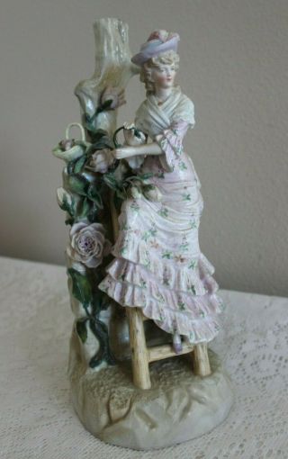 Vintage Ernst Bohne Sohne Ebs 13 " Figurine Candle Holder Lady Picking Roses