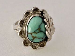 Vtg Old Pawn Turquoise Native American Navajo Sterling Silver Ring Feather Ring