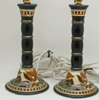 Pair Vintage Arts & Crafts Era Gouda Art Pottery Candlestick Lamps Gondel