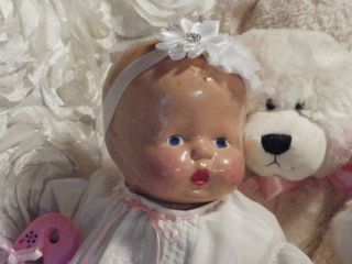 Antique Composition Baby Doll 16 " Painted Blue Eyes Antique Sheer White Dress