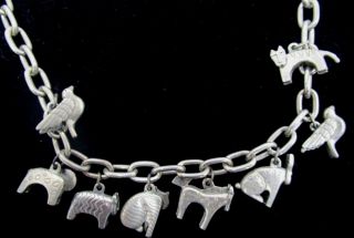 Vintage Laurel Burch Animal Charm Necklace Cat Dove Horse Lion Bunny Silver Tone