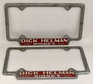 2 Vintage Dick Helman Olds Chrome & Red License Plate Frames Pair Sidney Ohio