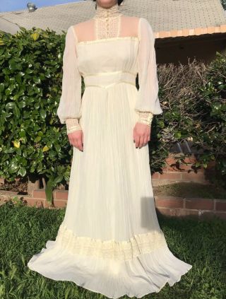 Vintage Gunne Sax Jessica McClintock Gauze Dress White Lace Prairie Boho Wedding 2