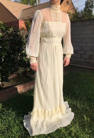 Vintage Gunne Sax Jessica McClintock Gauze Dress White Lace Prairie Boho Wedding 5