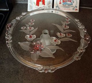 Vtg Crystal Rose Art Glass Cake Plate Frosted Pedestal Heavy Round Platter 14 "