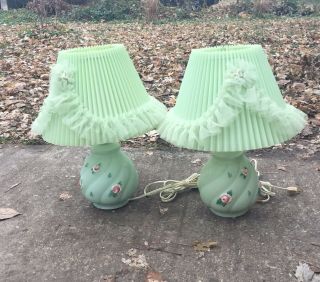 Pair Vintage Green Glass Bedroom Lamps W/ Roses Shades Lace Ruffles