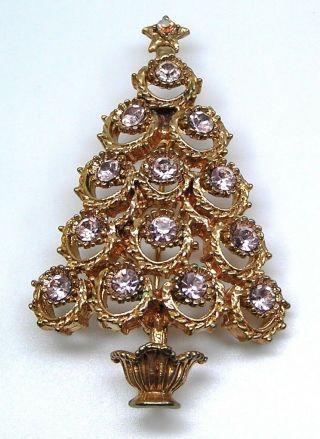 Vintage Hollycraft Christmas Tree Pin Brooch Light Rose Tone & Pink Rhinestones