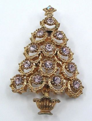 Vintage Hollycraft Christmas Tree Pin Brooch Light Rose Tone & Pink Rhinestones 4