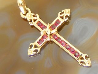 Solid Vintage 14k Yellow Gold Ornate Channel Red Ruby Cross Pendant
