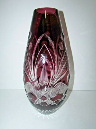 Large 13.  5 " Purple Cut To Clear Glass Vase