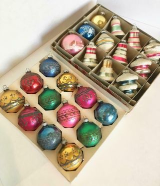 24 Vintage Shiny Brite Glass Christmas Ornaments Bell Tornado Mica Ball Stencil