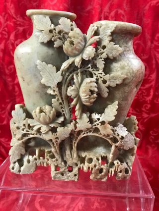Vintage Antique Chinese Carved Creamy Light Brown Flower & Birds Jade Vase Vtg