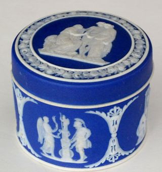 19th C.  Antique Wedgwood Vintage Blue Dipped Jasperware Covered Box & Lid