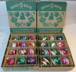 24 Vintage Shiny Brite Ornaments In Boxes Indents,  Tops,  Stenciled,  Striped