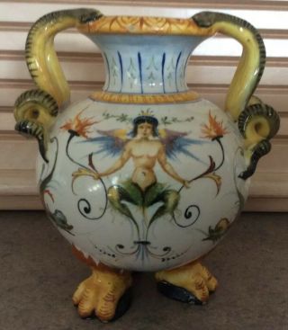 Cantagalli :: Vtg Majolica Handled 6” Amphora Vase Mythology Snakes Italy