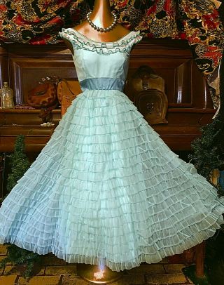 50’s Seafoam Organza Tiered Vintage Pleat Chiffon Ballgown Tea Party Dress Xs 32