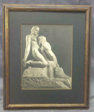 Antique Vintage Photograph Art Framed Nude Man Woman Marble Statue Sculpture