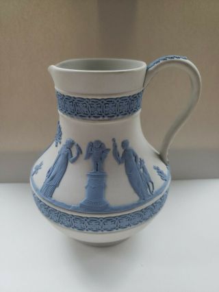 Vintage Blue On White Wedgwood Jasperware 5 1/4 " Pitcher Greek Figurals Cherubs