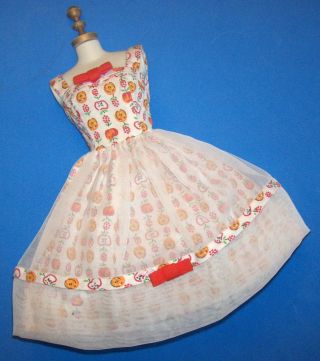 Vintage Barbie Doll Lunch Date White Organdy Dress 1600 1964 Yellow & Red Print