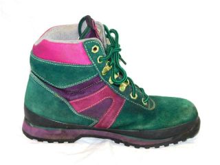 Vintage Iron Age 8.  5 Green Pink Purple Work Boots Stripe Suede Steel Toe Womens 3