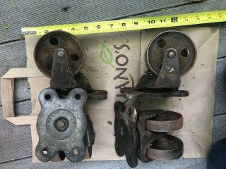 4 Vintage Payson Cast Iron Double Wheel Swivel Casters Wheels Old Industrial