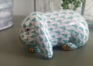 Vtg Herend Porcelain Miniature Bunny Rabbit Figurine Green Fishnet 3 " Long