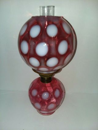 Vintage Fenton Cranberry Coin Spot Miniature Ball Oil Lamp For L.  G.  Wright