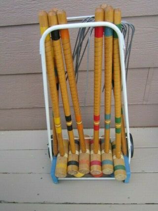 Vintage South Bend Lawnplay Wood Croquet Set 6 Player With Wheeled Cart