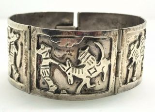 Taxco Mexico Vintage Oxidized Sterling Silver Agricultural Design Wide Bracelet
