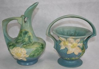 Vintage Roseville Pottery Blue Water Lily Ewer And Clematis Ceramic Basket