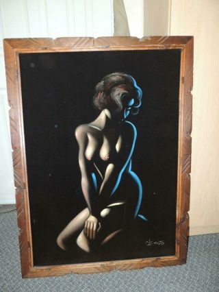 Vintage Black Velvet Nude Painting Retro With Wood Frame Tiki Signed Large