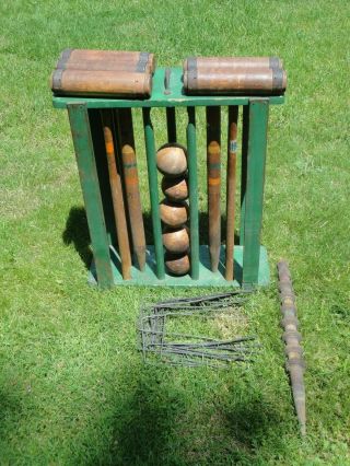 Old Vintage Antique Wood Croquet Set Striped Mallet Balls Wooden Mallets