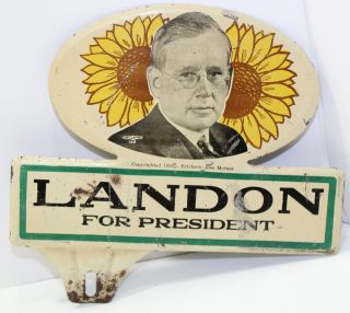 Rare Vintage 1936 Alf Landon For President Sunflower License Plate Topper
