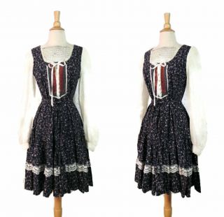 Vintage 70s Gunne Sax Navy Floral Lace Yoke Corset Tie Full Skirt Prairie Dress