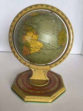 Antique Vintage Tin Metal World Globe With Month,  Season,  Zodiac Base