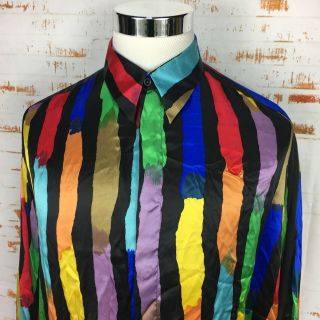 Vintage Genelli Mens Multi - Color Pastel Silk Shirt Xl Mosaic Colorful Button Up
