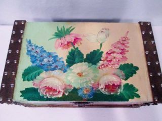Vintage BLACK LACQUER Wood Jewelry Box Hand Painted Flower Floral Bouquet Vase 3
