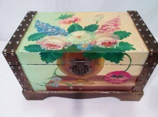 Vintage BLACK LACQUER Wood Jewelry Box Hand Painted Flower Floral Bouquet Vase 4