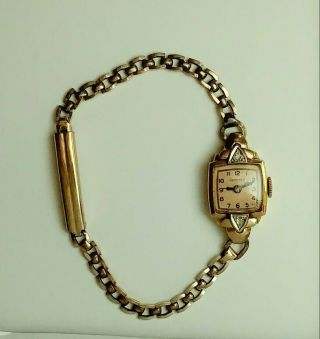 Vintage Hampden 14k Gold W/diamonds Ladies Watch And Gold Filled Band - Runs