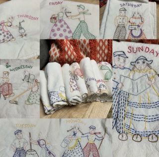 Vintage 7 Days Of The Week Hand Embroidered Dish Towels Dutch Boy Girl Chores D1