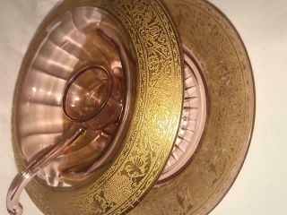 Vtg Pink Depression Glass Art Nouveau Gold Rolled Edge Pedestal Bowl 3pc Set