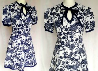 Vintage 60s 70s Mod Hippie Ye Ye Navy Blue White Floral Mini Tea Dress S Uk 8 10