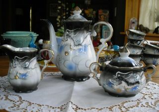 Vintage Gray & Black Luster Dragon Coffee Tea Pot W/sugar Bowl W/lid & Creamer