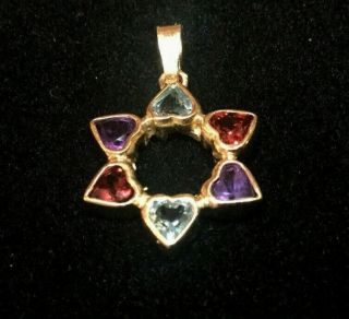 Vintage 14k Yellow Gold Jewish Star Of David Multi Gemstone Pendant -