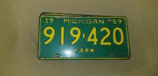 420 Weed Vintage 1959 Michigan Farm License Plate Tag 919 - 420