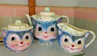 3 Piece Vintage Lefton Japan Springtime Porcelain Miss Priss Kitty Cat Tea Set