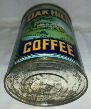 ANTIQUE OAK HILL COFFEE TIN LITHO 1LB TALL CAN BROCKTON MA VINTAGE GROCERY STORE 7