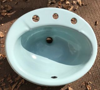 Vtg Farmington Kohler K - 2904 Green / Blue Oval Cast Iron Bathroom Sink Antique